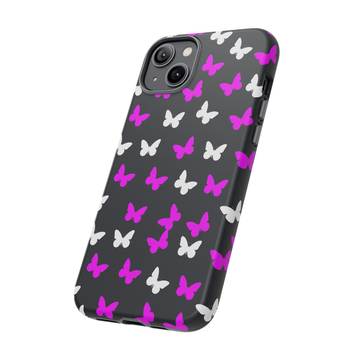 Butterfly Pattern Phone Case — Pink & White Butterflies on Black Tough Case