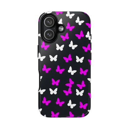 Butterfly Pattern Phone Case — Pink & White Butterflies on Black Tough Case