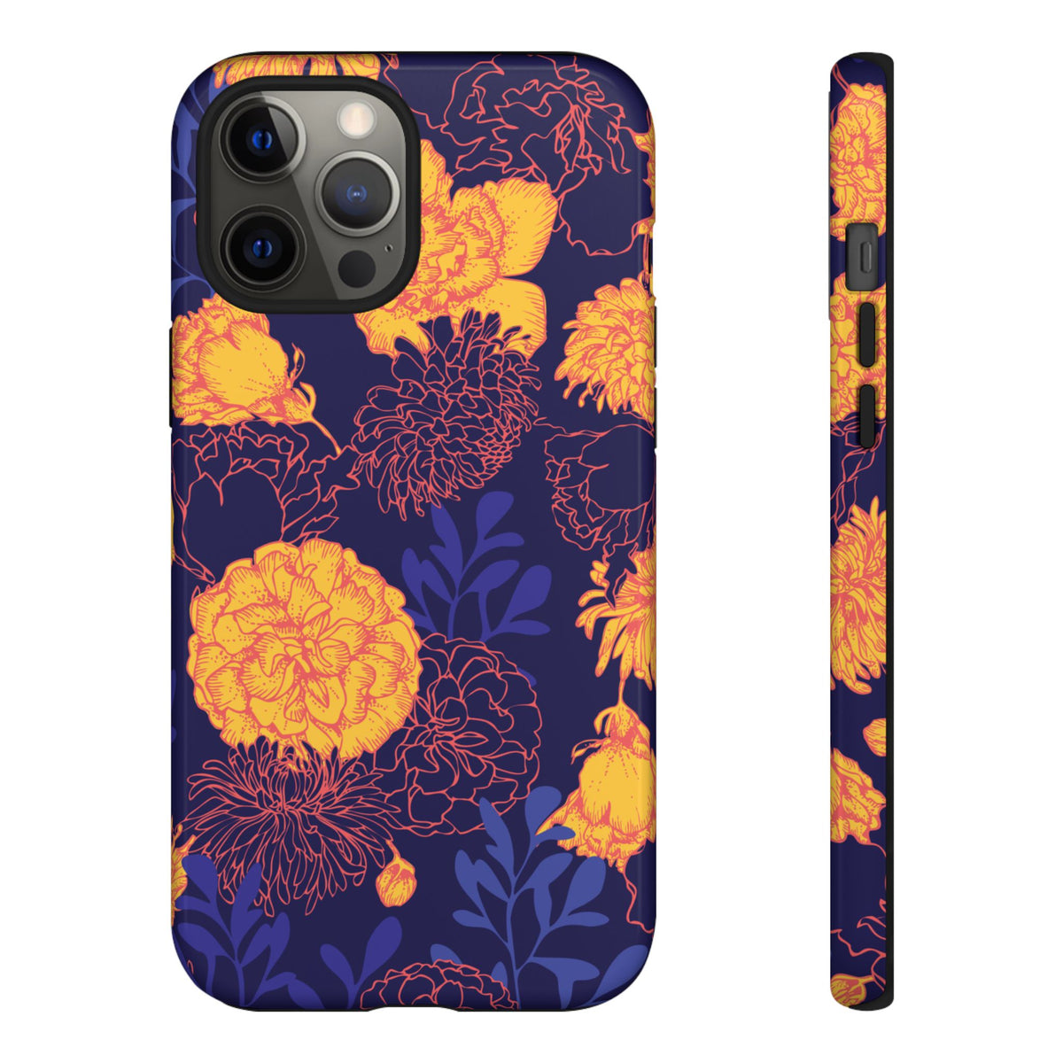 Floral Tough Phone Case — Bold Yellow Marigold Pattern on Deep Navy