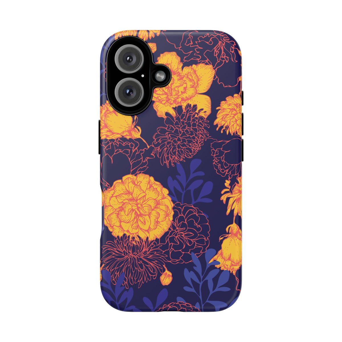 Floral Tough Phone Case — Bold Yellow Marigold Pattern on Deep Navy