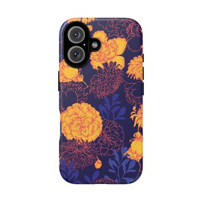 Floral Tough Phone Case — Bold Yellow Marigold Pattern on Deep Navy