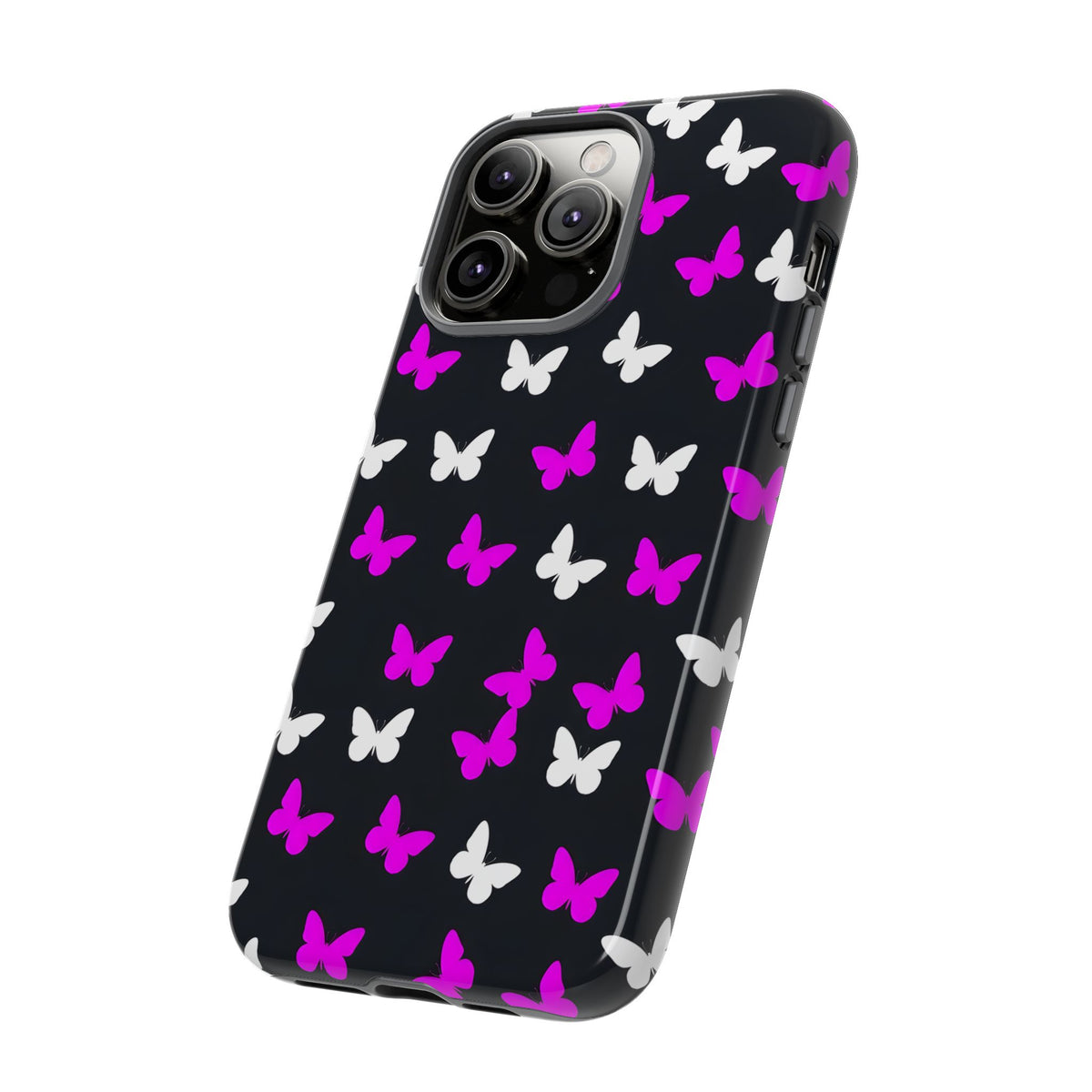 Butterfly Pattern Phone Case — Pink & White Butterflies on Black Tough Case