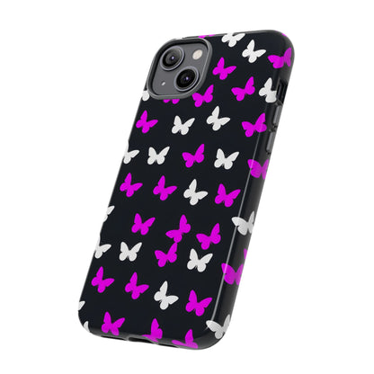 Butterfly Pattern Phone Case — Pink & White Butterflies on Black Tough Case
