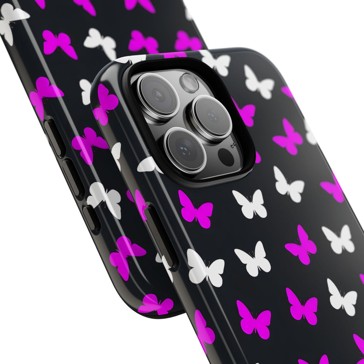 Butterfly Pattern Phone Case — Pink & White Butterflies on Black Tough Case