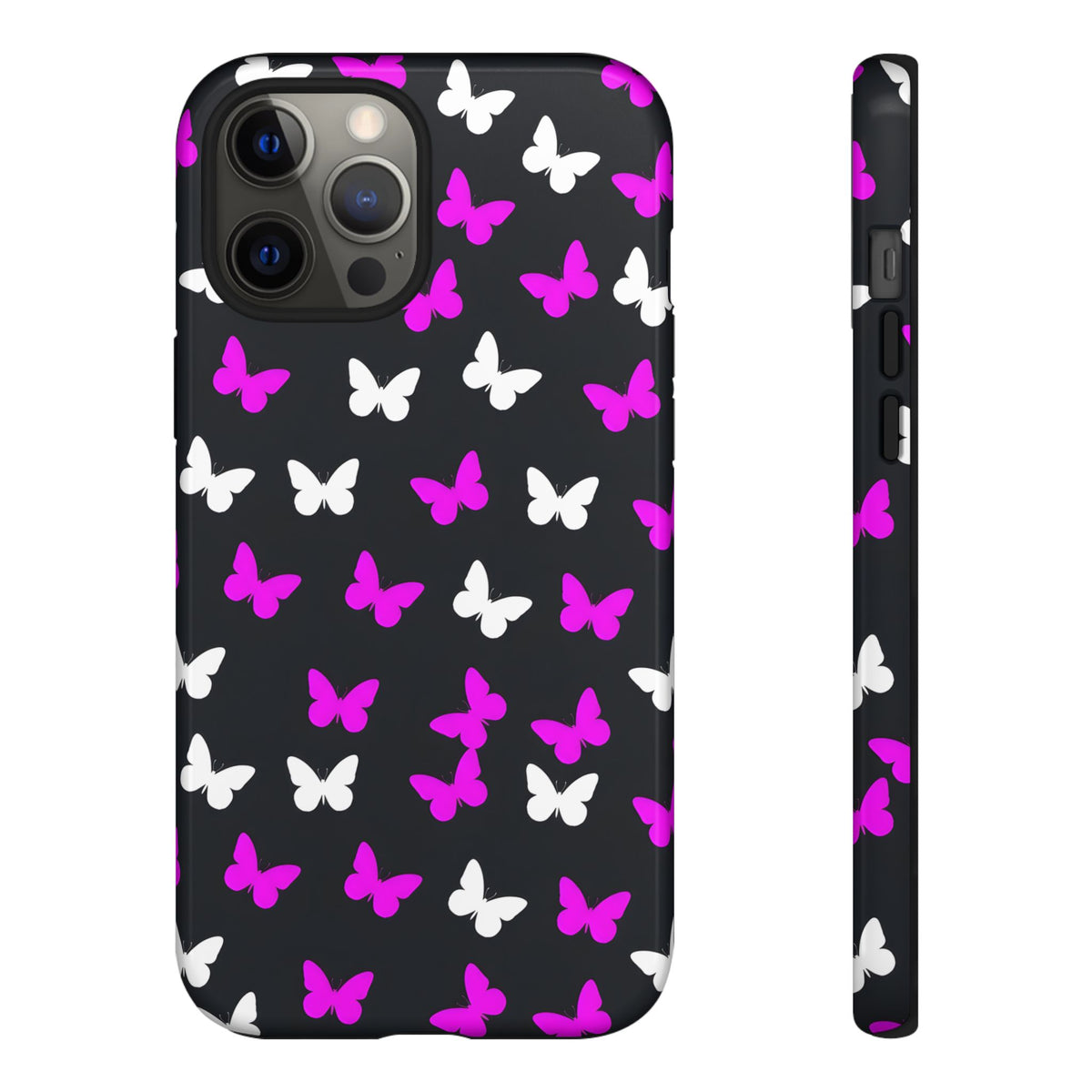 Butterfly Pattern Phone Case — Pink & White Butterflies on Black Tough Case