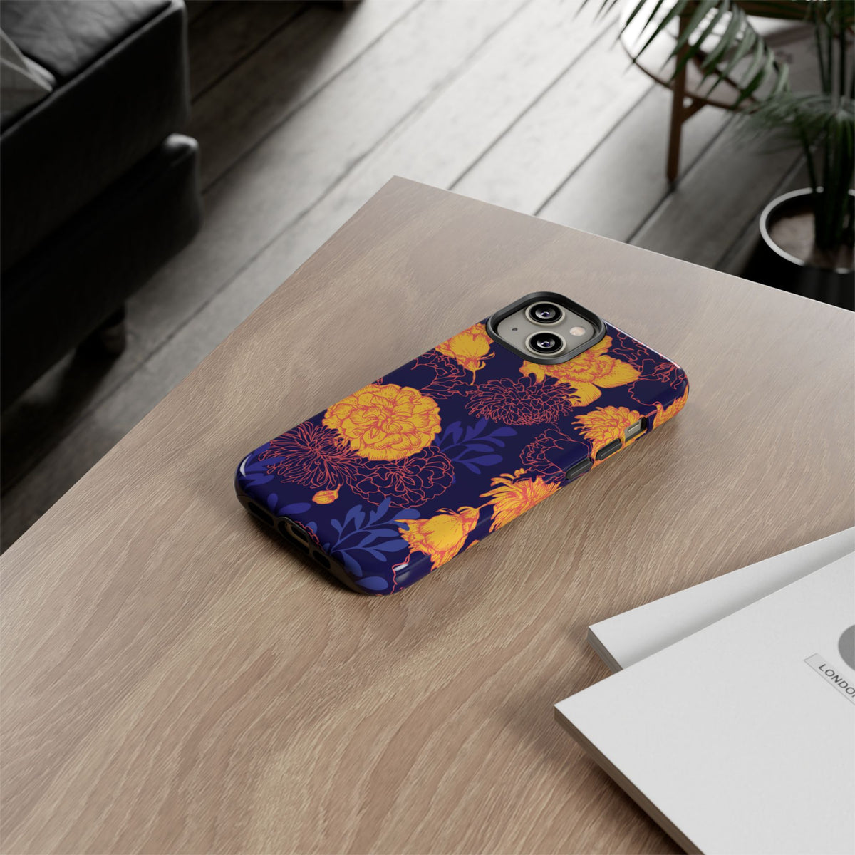 Floral Tough Phone Case — Bold Yellow Marigold Pattern on Deep Navy