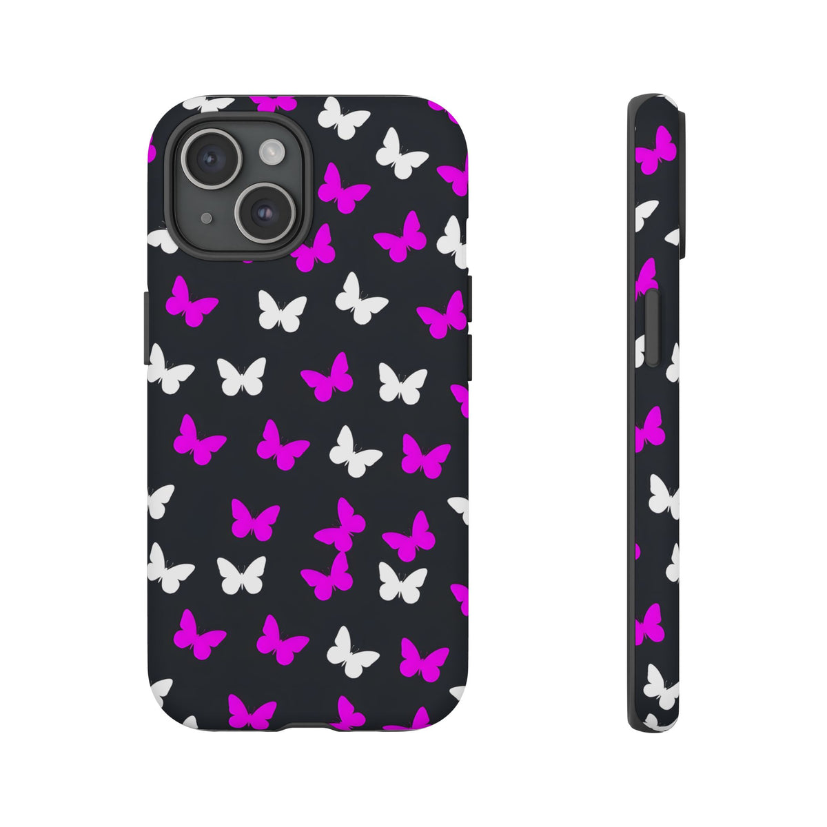 Butterfly Pattern Phone Case — Pink & White Butterflies on Black Tough Case