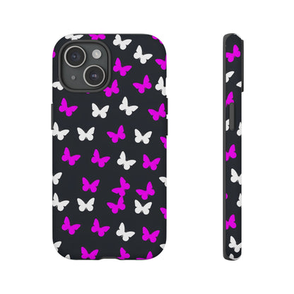 Butterfly Pattern Phone Case — Pink & White Butterflies on Black Tough Case