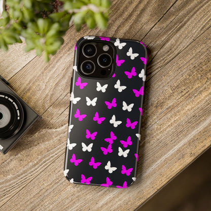 Butterfly Pattern Phone Case — Pink & White Butterflies on Black Tough Case