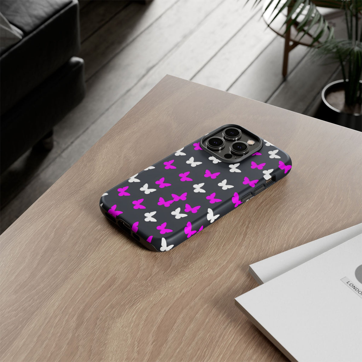 Butterfly Pattern Phone Case — Pink & White Butterflies on Black Tough Case