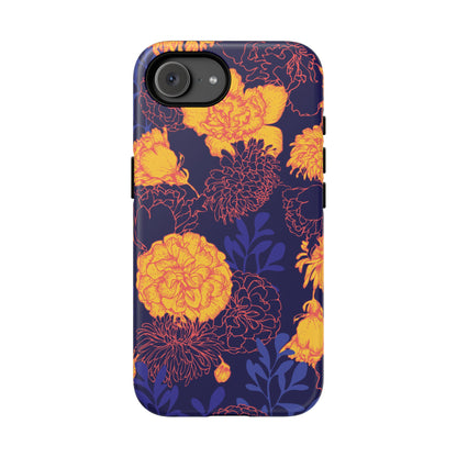Floral Tough Phone Case — Bold Yellow Marigold Pattern on Deep Navy