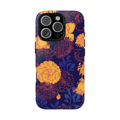 Floral Tough Phone Case — Bold Yellow Marigold Pattern on Deep Navy