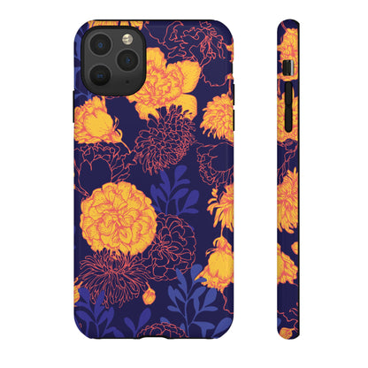 Floral Tough Phone Case — Bold Yellow Marigold Pattern on Deep Navy