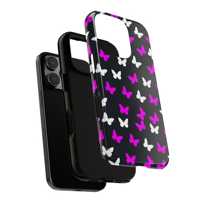 Butterfly Pattern Phone Case — Pink & White Butterflies on Black Tough Case
