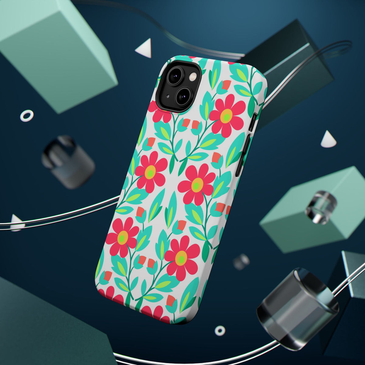 Floral Magnetic Impact-Resistant Phone Case — Pink & Teal Flower Pattern