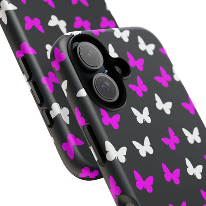 Butterfly Pattern Phone Case — Pink & White Butterflies on Black Tough Case