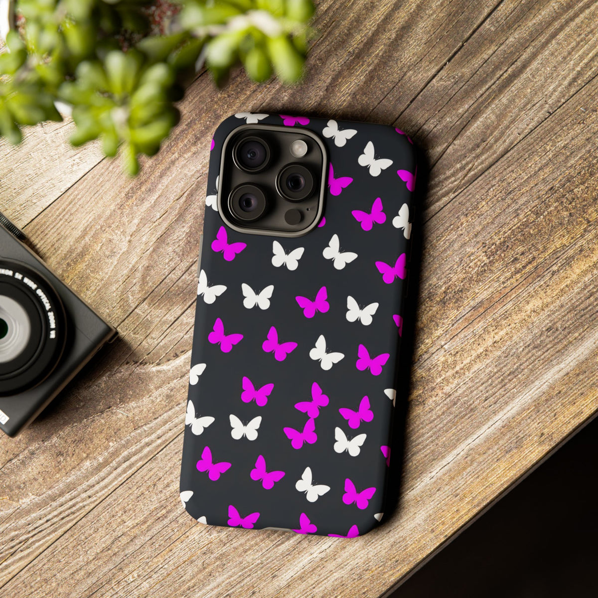 Butterfly Pattern Phone Case — Pink & White Butterflies on Black Tough Case