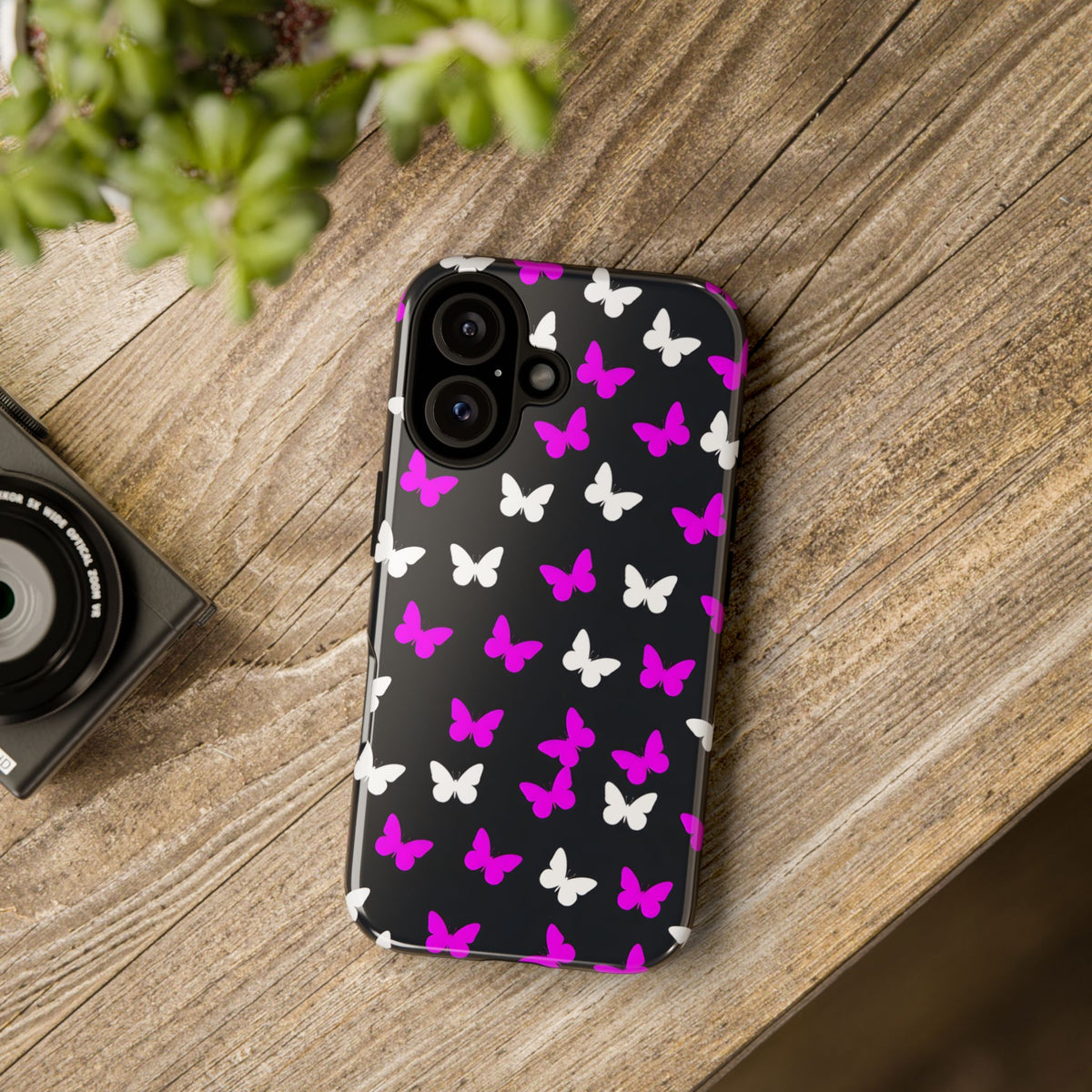 Butterfly Pattern Phone Case — Pink & White Butterflies on Black Tough Case