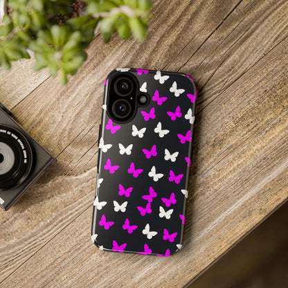 Butterfly Pattern Phone Case — Pink & White Butterflies on Black Tough Case