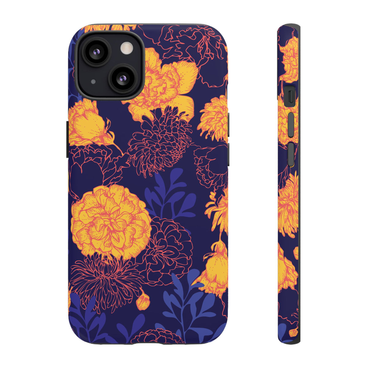 Floral Tough Phone Case — Bold Yellow Marigold Pattern on Deep Navy