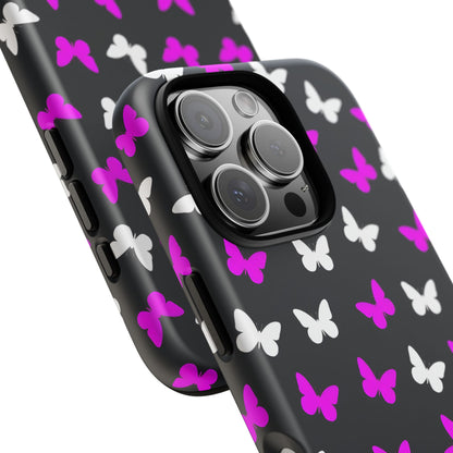Butterfly Pattern Phone Case — Pink & White Butterflies on Black Tough Case