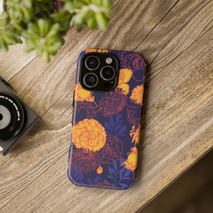 Floral Tough Phone Case — Bold Yellow Marigold Pattern on Deep Navy