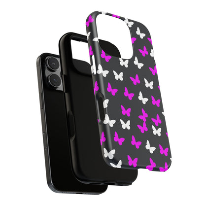 Butterfly Pattern Phone Case — Pink & White Butterflies on Black Tough Case