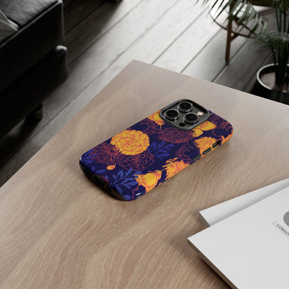 Floral Tough Phone Case — Bold Yellow Marigold Pattern on Deep Navy