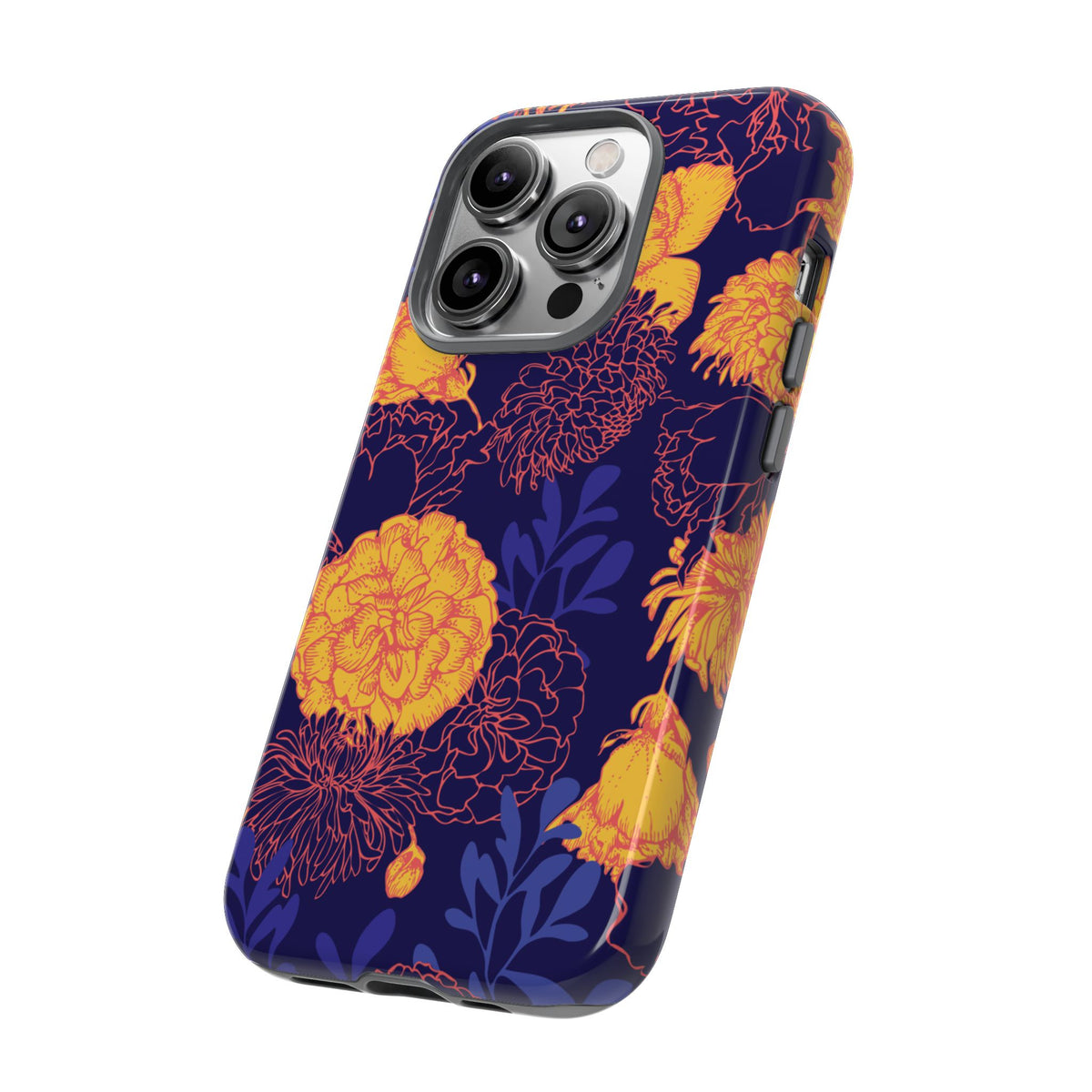 Floral Tough Phone Case — Bold Yellow Marigold Pattern on Deep Navy