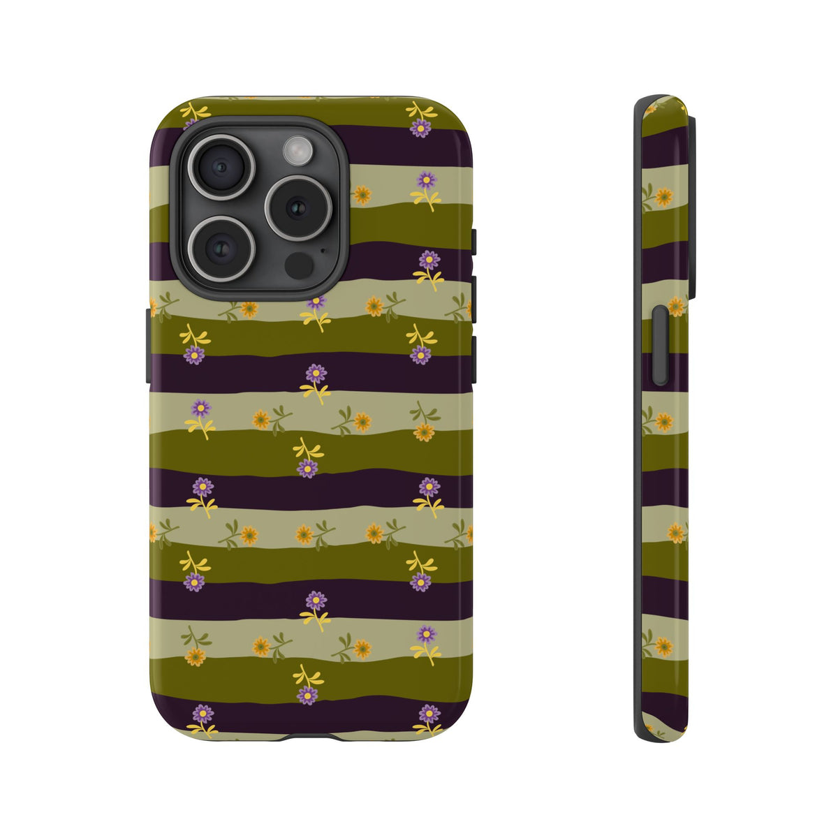Floral Stripe Tough Phone Case — Olive & Plum Protective Cover