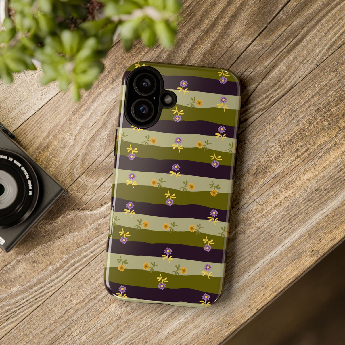 Floral Stripe Tough Phone Case — Olive & Plum Protective Cover