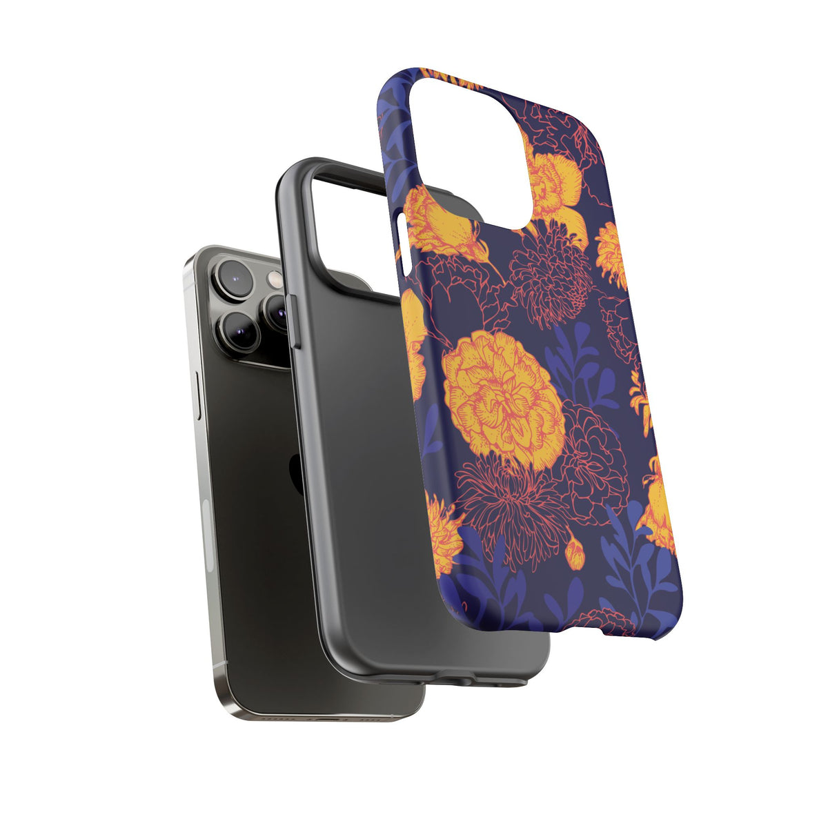 Floral Tough Phone Case — Bold Yellow Marigold Pattern on Deep Navy