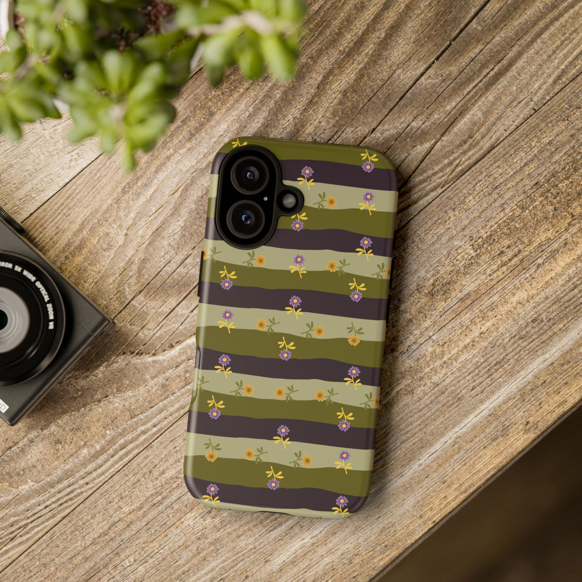 Floral Stripe Tough Phone Case — Olive & Plum Protective Cover