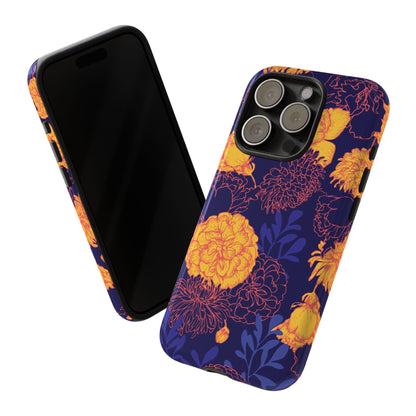 Floral Tough Phone Case — Bold Yellow Marigold Pattern on Deep Navy