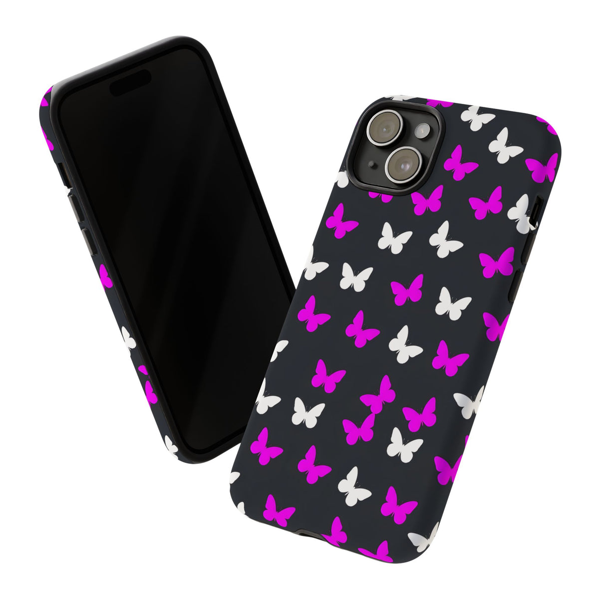 Butterfly Pattern Phone Case — Pink & White Butterflies on Black Tough Case