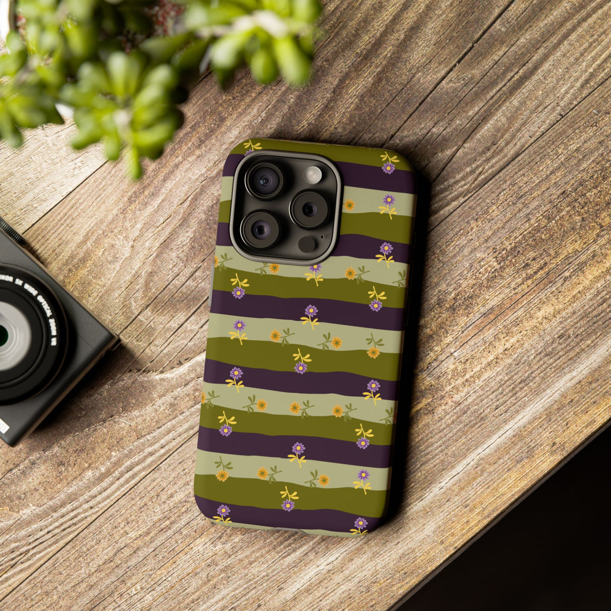 Floral Stripe Tough Phone Case — Olive & Plum Protective Cover