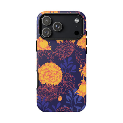 Floral Tough Phone Case — Bold Yellow Marigold Pattern on Deep Navy