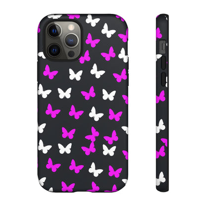 Butterfly Pattern Phone Case — Pink & White Butterflies on Black Tough Case