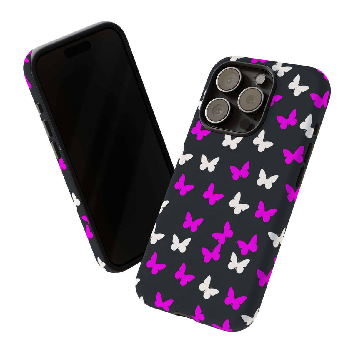 Butterfly Pattern Phone Case — Pink & White Butterflies on Black Tough Case