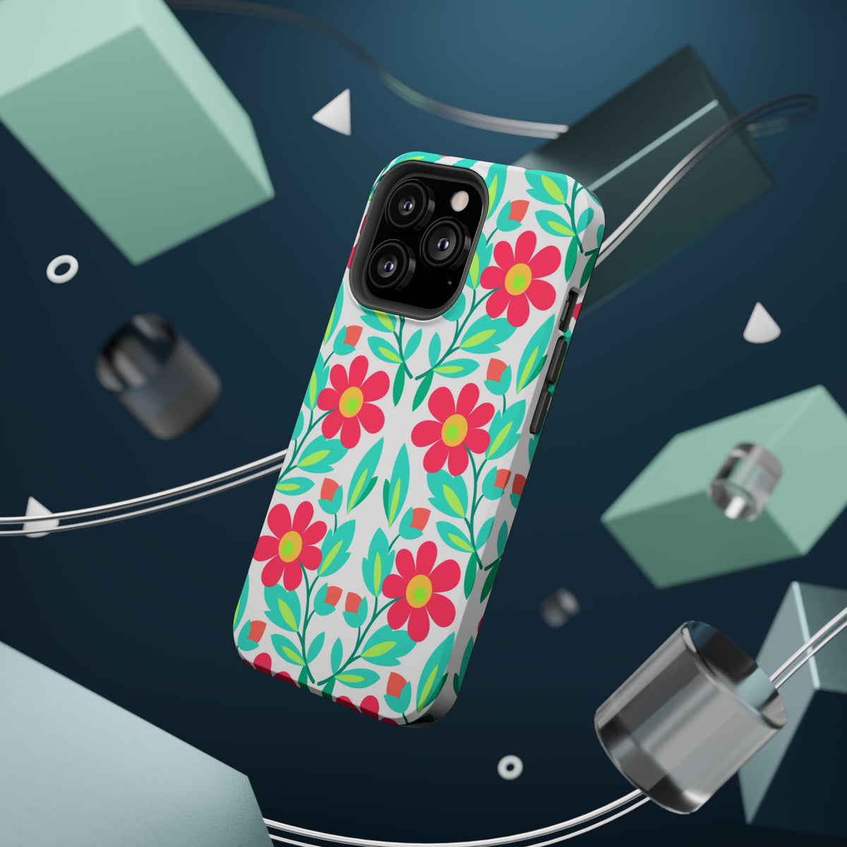 Floral Magnetic Impact-Resistant Phone Case — Pink & Teal Flower Pattern