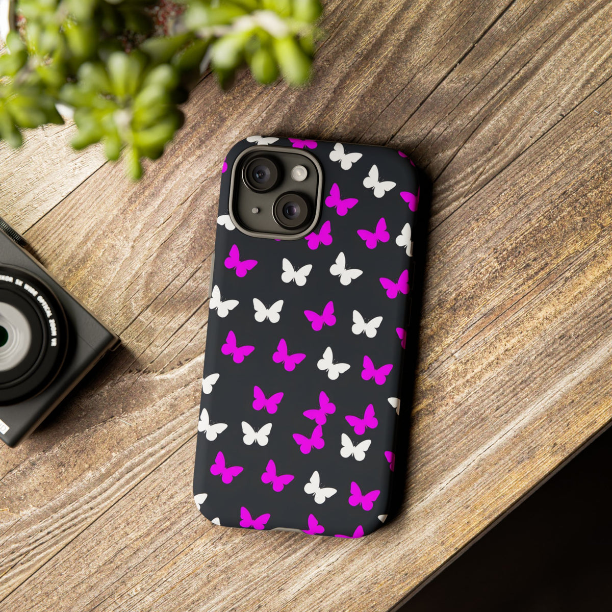 Butterfly Pattern Phone Case — Pink & White Butterflies on Black Tough Case