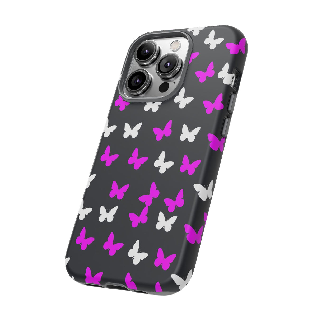 Butterfly Pattern Phone Case — Pink & White Butterflies on Black Tough Case