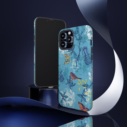 Floral Bird Tough Phone Case — Blue Birdcage Pattern