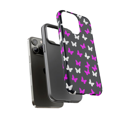 Butterfly Pattern Phone Case — Pink & White Butterflies on Black Tough Case