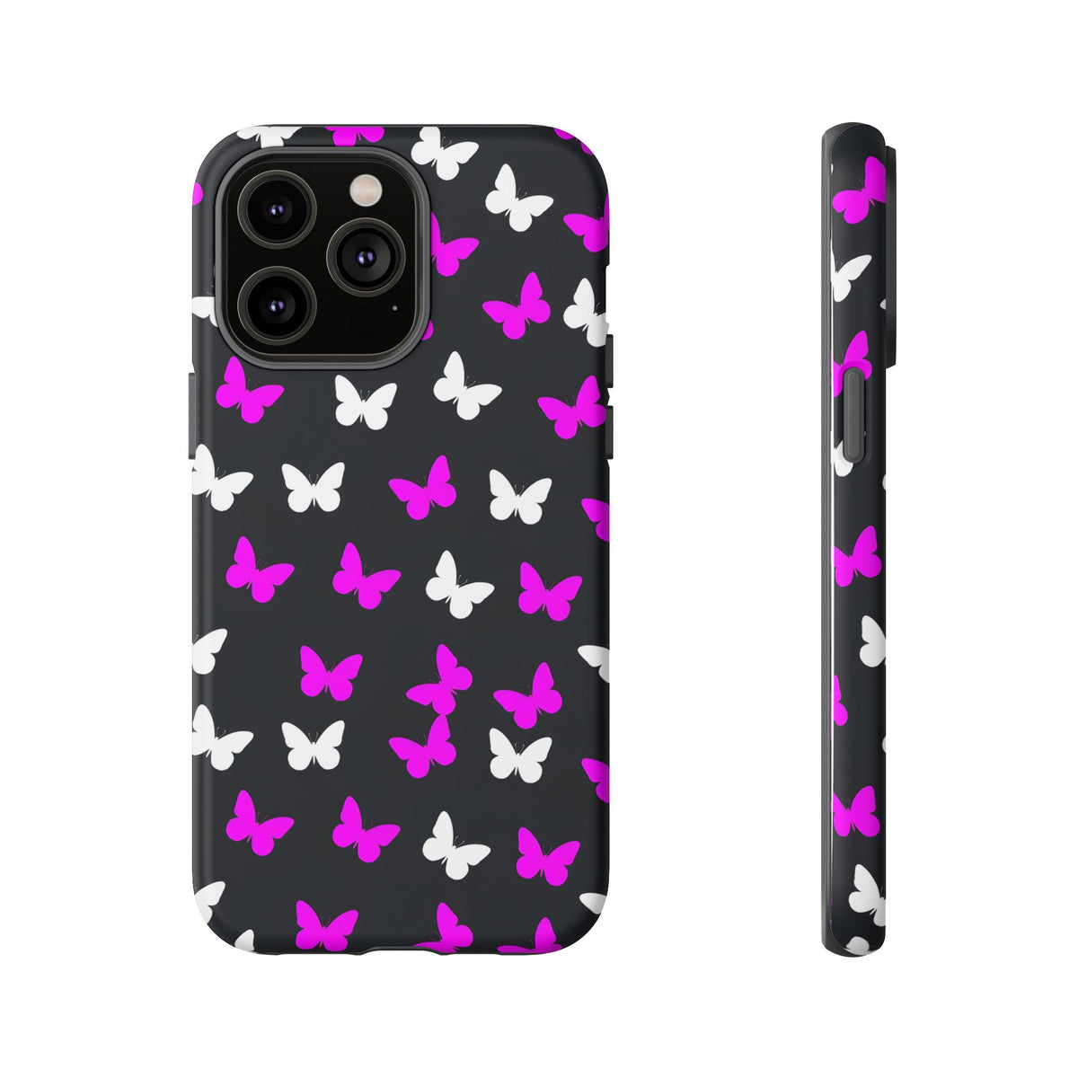 Butterfly Pattern Phone Case — Pink & White Butterflies on Black Tough Case