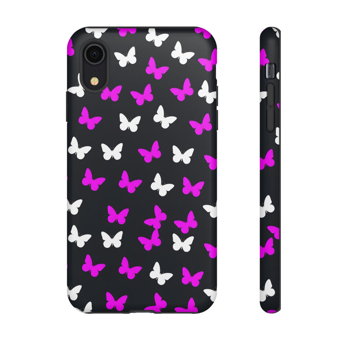 Butterfly Pattern Phone Case — Pink & White Butterflies on Black Tough Case