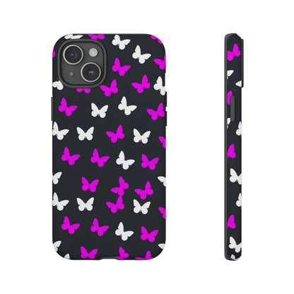 Butterfly Pattern Phone Case — Pink & White Butterflies on Black Tough Case