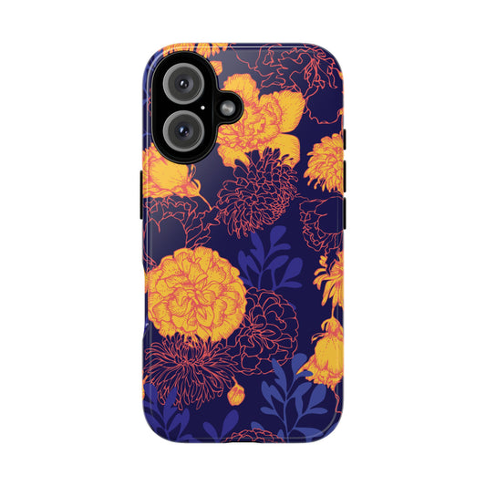 Floral Tough Phone Case — Bold Yellow Marigold Pattern on Deep Navy