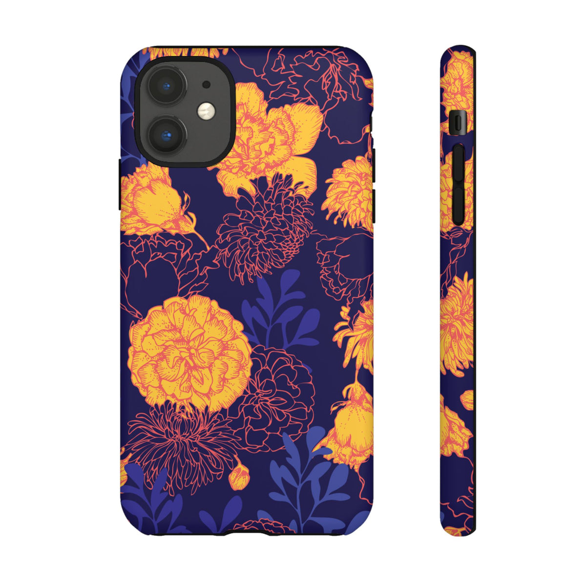 Floral Tough Phone Case — Bold Yellow Marigold Pattern on Deep Navy