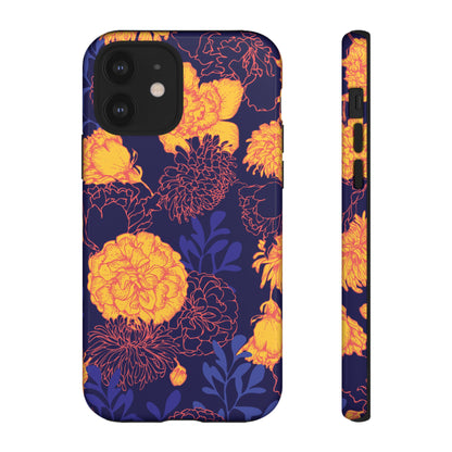 Floral Tough Phone Case — Bold Yellow Marigold Pattern on Deep Navy